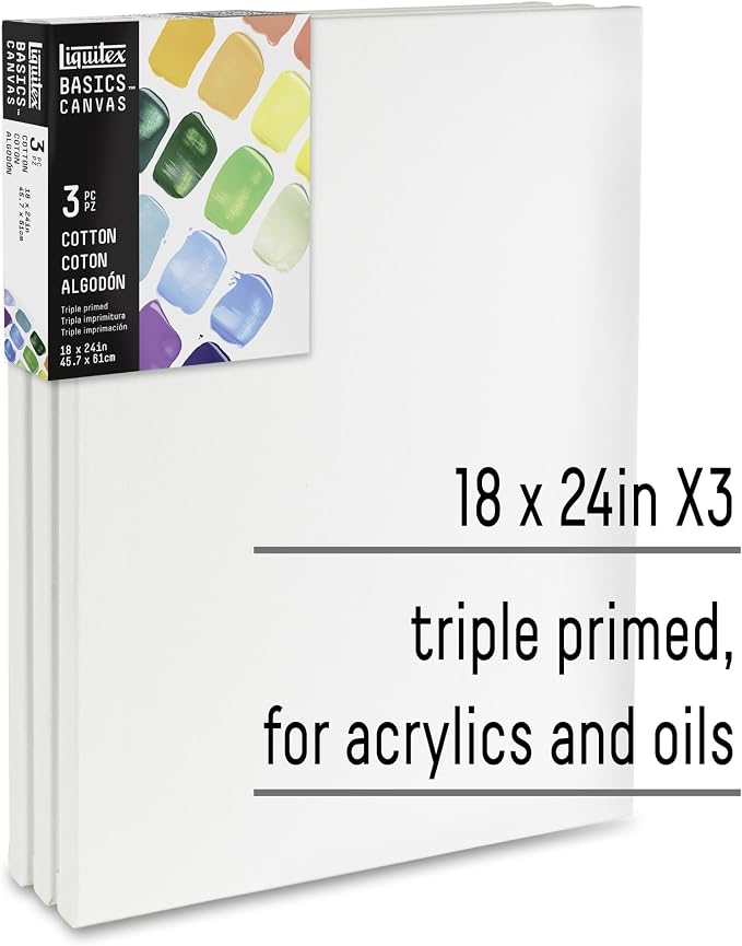 Liquitex BASICS Canvas, 3 pack, 18" x 24" | Archival, Acid-Free, Non-Toxic, Medium Texture Cotton, Pre-primed with a triple layer of acrylic gesso, Stapled & Stretched