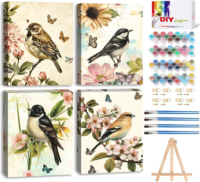 LWZAYS 4 Pack Bird Paint by Numbers Kit for Adults with Frame, Vintage Paint by Number for Adults Beginner with Wooden Easel, DIY Painting by Numbers Canvas Framed for Home Decor 8 x 12 Inch