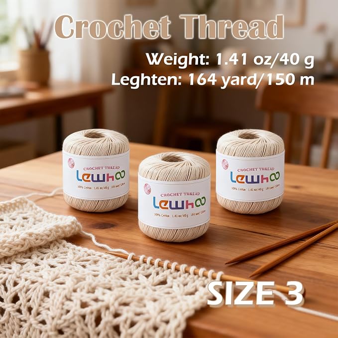 Size 3 Crochet Thread, 3 Pack Lace Yarn Ball 100% Cotton Natural