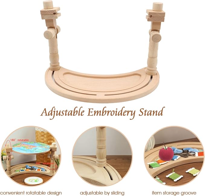 ZOCONE Multifunctional Beech Wood Embroidery Hoop Stand with 2 Pcs 6'' 8'' Embroidery Hoops, Adjustable Rotated Embroidery Stand Cross Stitch Stand, Embroidery Hoop Holder for Embroidery Project (D)