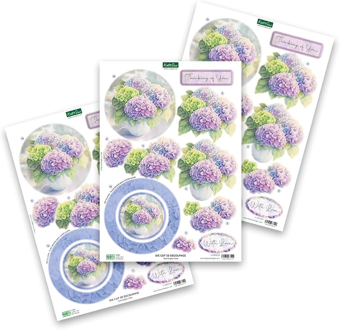 Katy Sue Designs Thinking of You 3D Die Cut Decoupage Collection for Card Making Supplies. Contains 12 Sheets of Katy Sue Die Cut Decoupage Featuring Lavender, Lillies, Hydrangea, and Roses