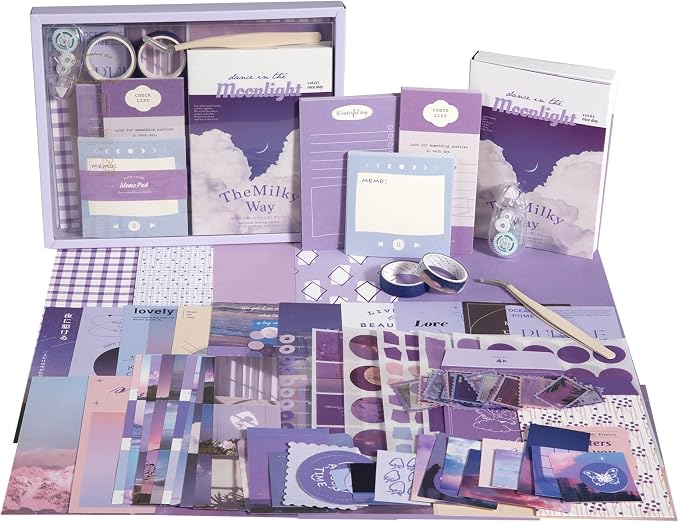 Scrapbook Photo Album Supplies Kit with Tweezers and Glue Tape – Romantic Stationery Aesthetic Junk Journal Kit, Scrapbooking Paper, Sticker Pack, Notebook, DIY Craft, Gift for Teen Women (Monnlight)