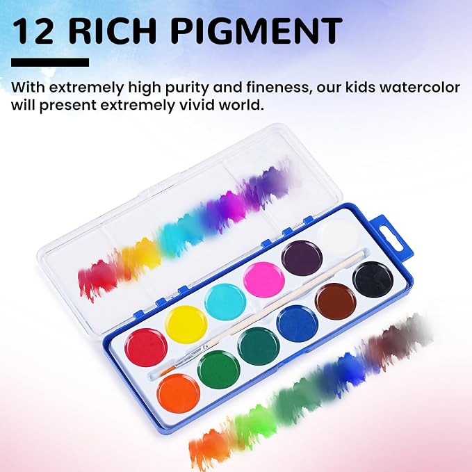 VEESA 12-Colors Watercolor Paint Set for Kids, 12 Pack，Washable | Non-Toxic, Wood Brushes Included, for Classroom, Party Favors, Birthday Gifts