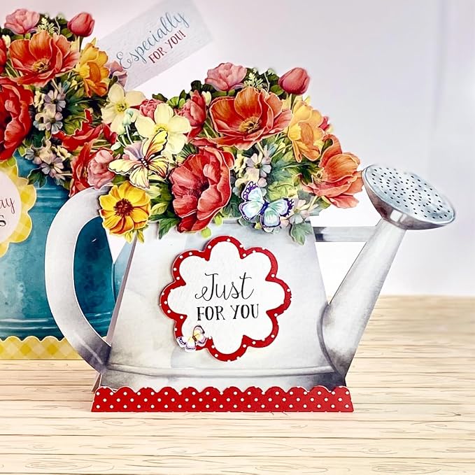 Katy Sue Watering Can Blossoms & Blooms Card Making Kit. 8 Shaped Cards, 3 Sheets of Floral Die Cut Decoupage, 8 Envelopes, Adhesive Foam Pads, & Instructions. For Card Making Supplies & Card Crafting
