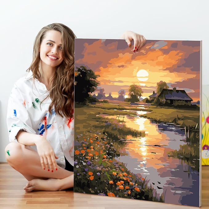 Paint by Numbers Kit for Adults Beginner 16x20 Inch, Countryside Sunset | DIY Acrylic Painting by Numbers Riverside Cabin Landscape, Without Frame Canvas, Stress Relief Craft Kits, Home Decor Gift
