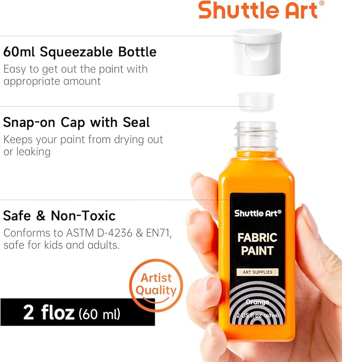 Shuttle Art Fabric Paint 24 Colors Permanent Soft Fabric Paint in Bottles (60ml/2oz) with Brushes &Stencils, Non-Toxic Textile Paint for T-Shirts, Shoes, Jeans, Bags, DIY Projects & Crafts
