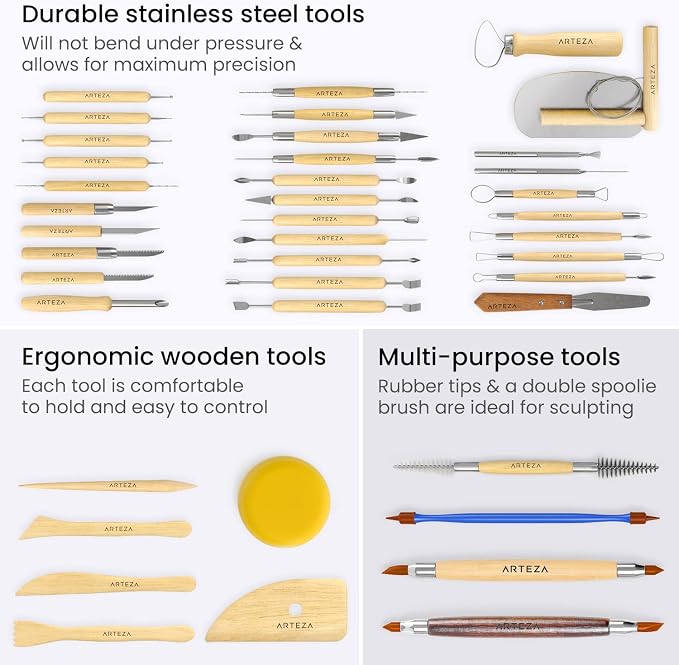 ARTEZA Pottery & Sculpting Tools, 42-Piece Clay Tools Set with Wooden Handles & Steel Tips for Polymer Clay, Ceramics, Carving, Modeling, Shaping & Smoothing | Wooden Handles, Steel Tips, Loop, Ribbon, Shaping and Detailing Tools, For Ceramics, Carving...