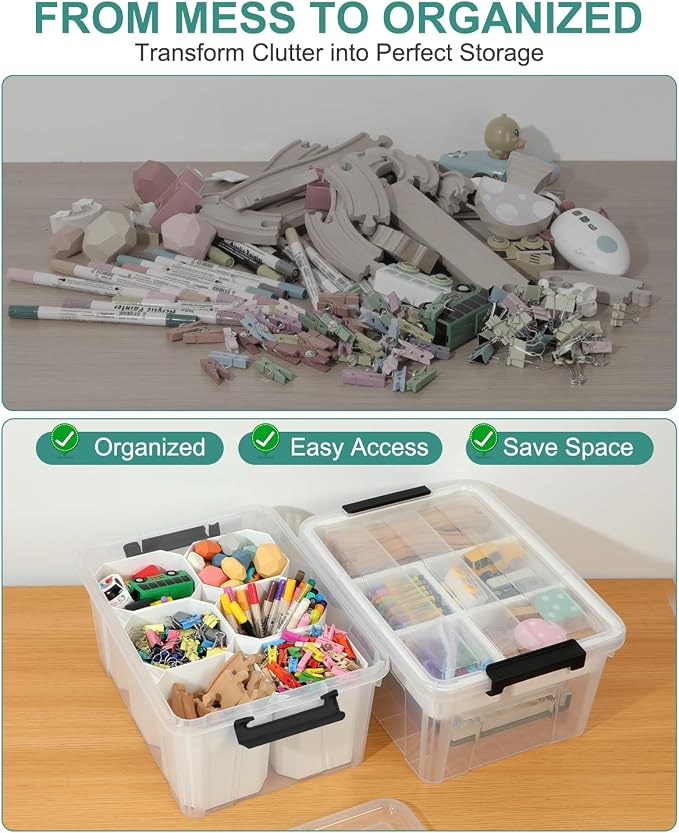 EOENVIVS Clear Storage Bins with 6 Tall Inserts, Stackable craft organizers and storage Box, Plastic Storage Totes with Lids and Handles for Crafts, Jewelry & Sewing, Art Supplies, Markers, Pens