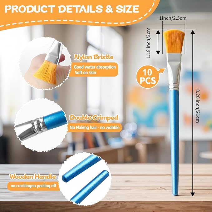 10 Pcs Flat Paint Brushes,1 Inch Craft Paint Brushes, Large Acrylic Paint Brush for Watercolor, Oil Painting, Acrylic,Big Paint Brush for Oil Paint and Body Painting Crafts, Rock Painting
