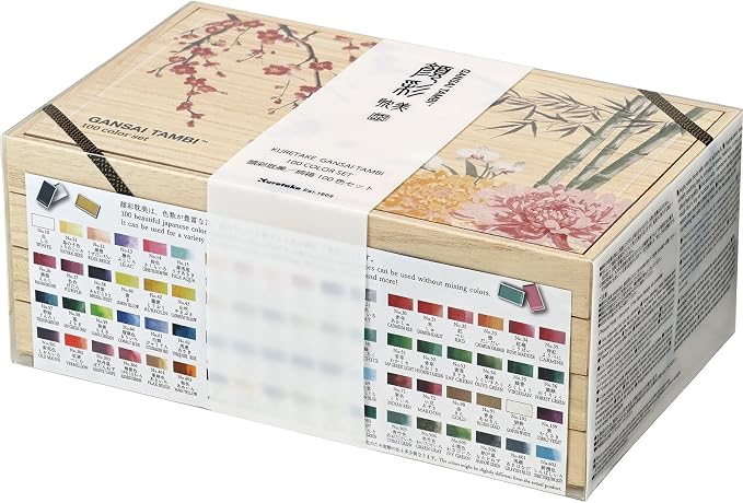 Kuretake Gansai Tambi Watercolor Paint Set, 100 Colors, Wooden Box, Japan | All 100 colors, wooden gift box, includes Starry, Iridescent & Sumi colors, Professional Use, Artist Grade