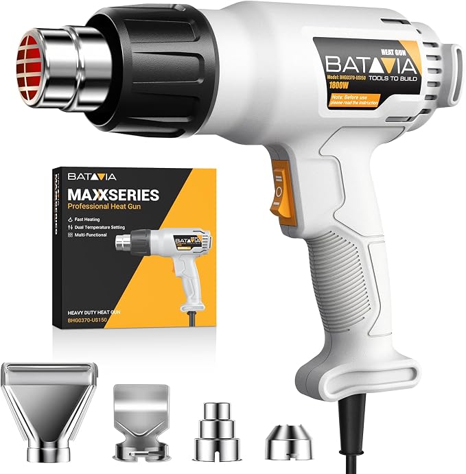 BATAVIA 1800W Heat Gun with 752℉&1112℉ Dual-Temperature Settings for Crafts | Dual Protection Fuses, Heavy Duty, Fast Heating, 4 Nozzles with Overheat Protection for Crafts, Vinyl Wrap, Shrink Tubing