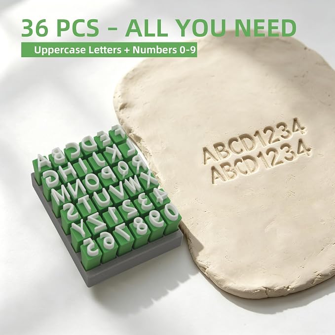 Green Alphabet Stamps for Clay – 36 Pcs (Uppercase Letters & Numbers 0-9 Set), Essential Clay Letter Stamps for Pottery, Ceramics, Concrete, DIY Craft Tools with Storage Box