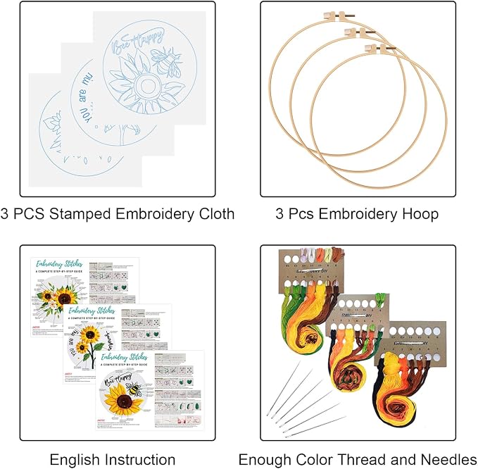 Louise Maelys 3 Set Summer Sunflower Embroidery Kit for Beginners Floral | Bright Sunflower Designs Make a Thoughtful Gift Choice. Needlepoint Kit for DIY Hobbies and Cross Stitch Kits for Adults