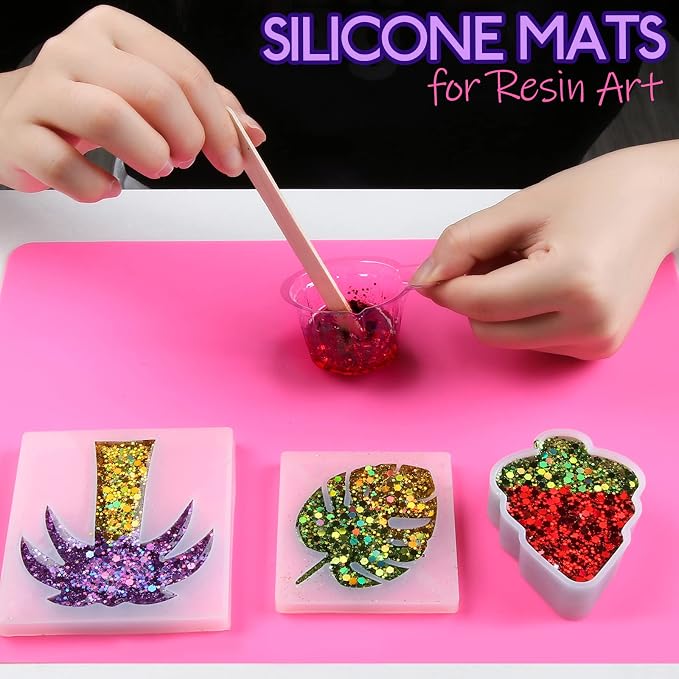 LEOBRO Silicone Mat, Silicone Mats for Crafts, 2pcs Silicone Mat for Jewelry Resin Molds, Silicone Mats for UV Resin Molds, DIY Art Crafts, Hot Pink & Light Purple, 11.69" x 8.26"