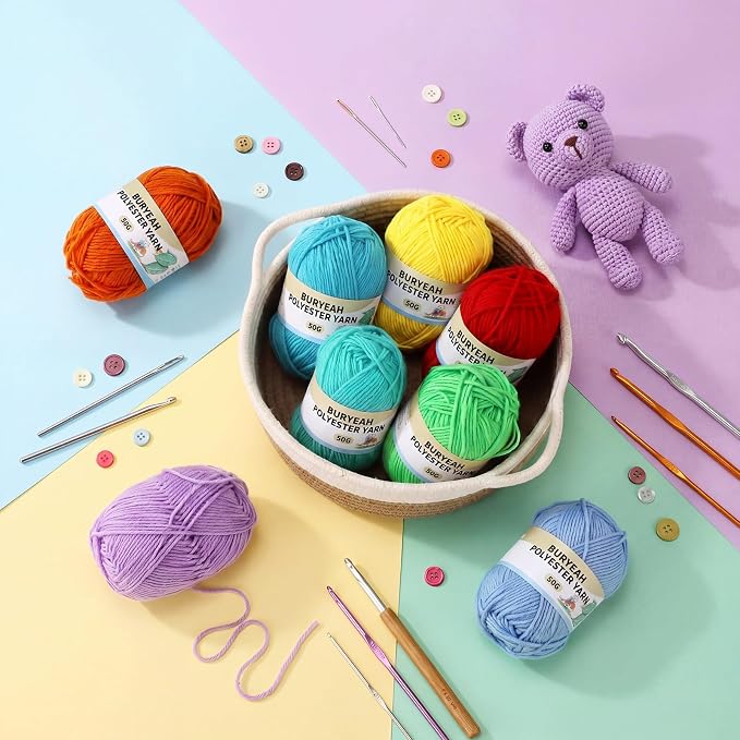 Buryeah Rainbow Series 8 Packs Crochet Yarn Knitting Bundle Beginner Acrylic Thread Fluffy Hand Tube Polyester Yarn Needles Bulky Kit Variety Pack 726 Yards for Weaving Crafts DIY Project Beginner