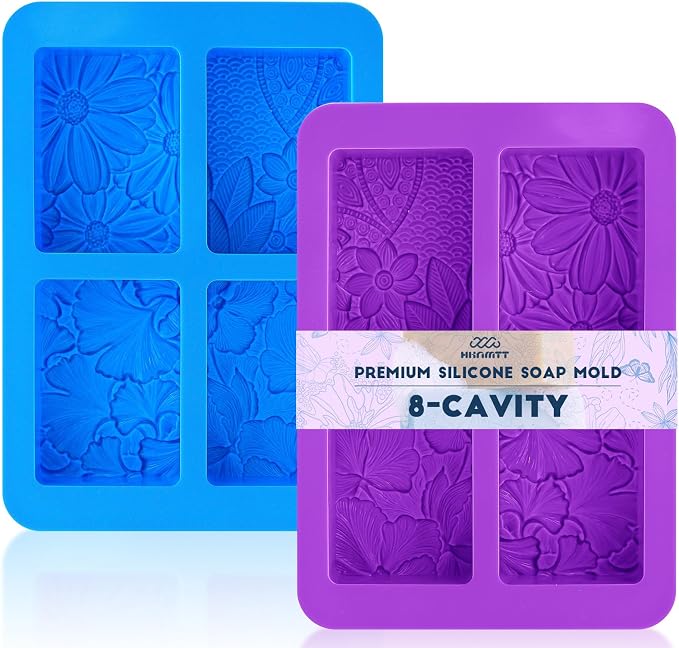 HKNMTT 2Pcs Soap Molds Silicone 3D Rectangle Flower Pattern Silicone Mold | 4-Cavity Floral Molds for Handmade Soap Shower Steamer Bath Lotion Shampoo Chocolate Bars DIY Craft Non-Stick Food Grade