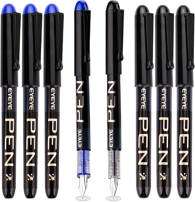 EYEYE Disposable Fountain Pens Fine Point, 4 Black 4 Blue Fountain Pens for Writing, Stainless Steel Nib, Smooth Writing for Journaling, Drafting, Sketching, Doodling & Office Supplies