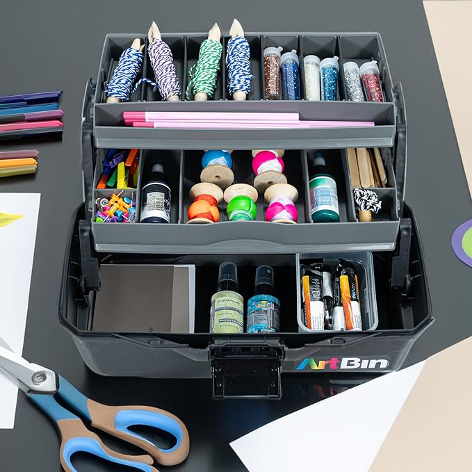 ArtBin 6892AG 2-Tray Art Supply Box, Portable Art & Craft Organizer with Lift-Up Trays, [1] Plastic Storage Case, Gray/Black