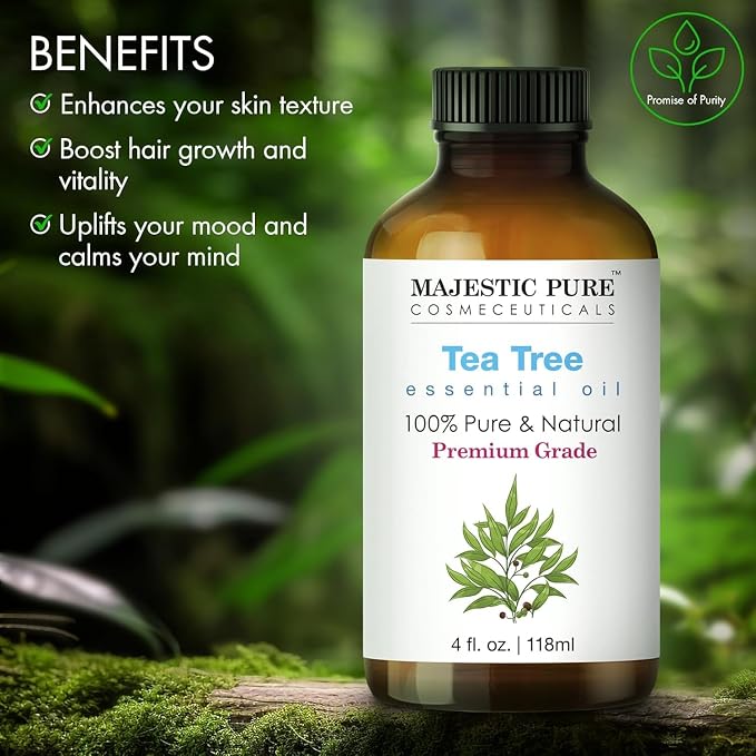 Majestic Pure Tea Tree Essential Oil for Diffuser - 4 Fl Oz | 100% Pure and Natural Tea Tree Oil for Hair, Skin Care, Carrier Oil Blend, Aromatherapy, Soap and Candle Making Scent