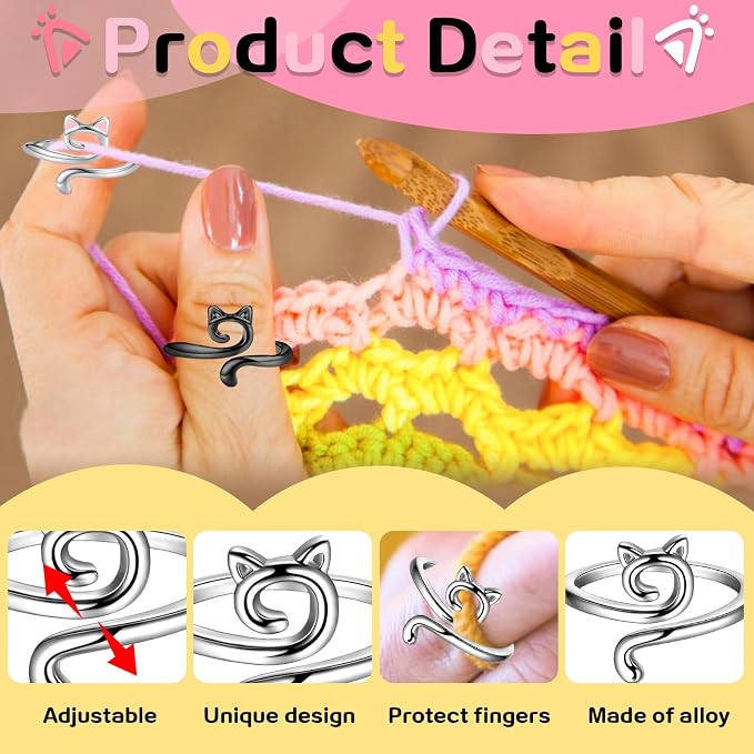 4PCS Adorable Crochet Rings with 7PCS Cat Stitch Markers and 20PCS Stitch Needle Clip Counter,Adjustable Tension Rings for Finger Accessories and Gadgets,Ideal Yarn Guide Ring Knitting Tools for Women