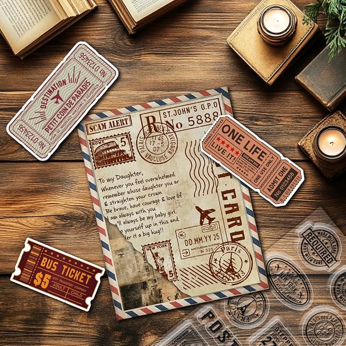 48Pcs Vintage Clear Stamps and Dies for Card Making Postcards Postmarks Labels Rubber Clear Stamps Retro Template for Album Paper Scrapbooking Photo Journal DIY Crafting