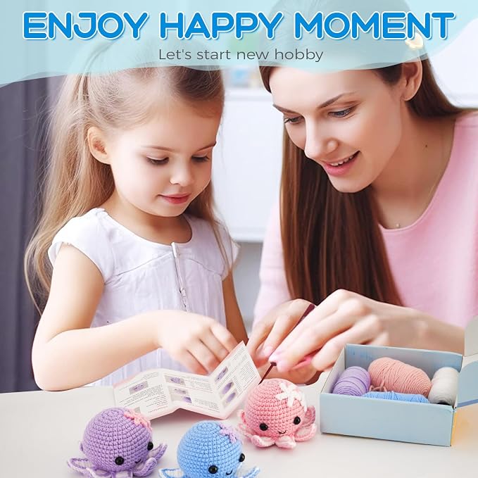 Crochet Kit for Beginners: Make 3 Cute Amigurumi Animals with Easy-to-Follow Video Tutorial, Complete Beginner Crochet Kits for Kids Adults, Creative Christmas Birthday Gift Idea for Women & Girls