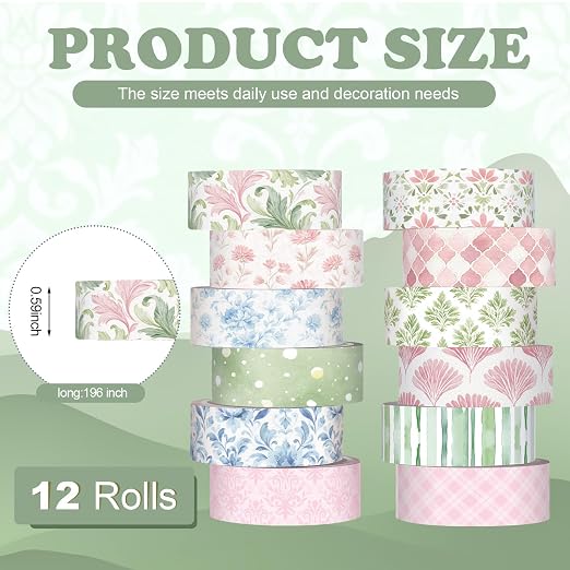 12 Rolls Floral Washi Tape Set,Pink,Blue and Green,Garden | Watercolor Flowers Design for Scrapbook Journal DIY Craft School Supplies, 15 mm Vintage Decorative Masking Washi Tapes