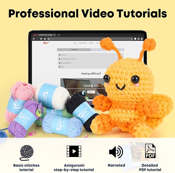 CrochetBox Crochet Kit for Beginner, Bee Easy Learn How to Crochet Stuffed Animals Gift for Adults and Teen(), Knitting Set with Yarn Hook Stitch-by-Stitch Video Tutorial(30%+ Yarn)