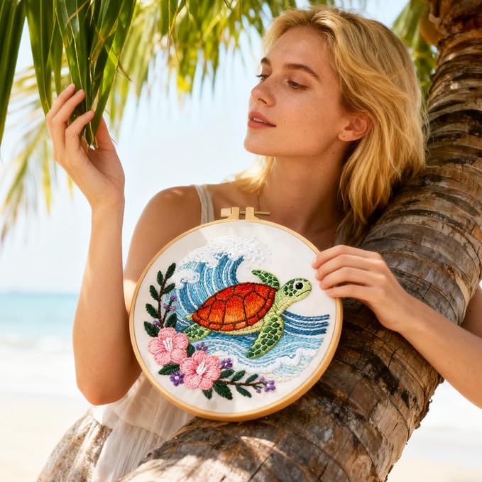 BEUNITONE 4 Sets Sea Turtle Embroidery Kits for Beginners DIY Craft Kits for Adults with Printed Patterns, Hoops and Instructions, Hibiscus Flower Needlepoint Kits for Clothing and Home Decor