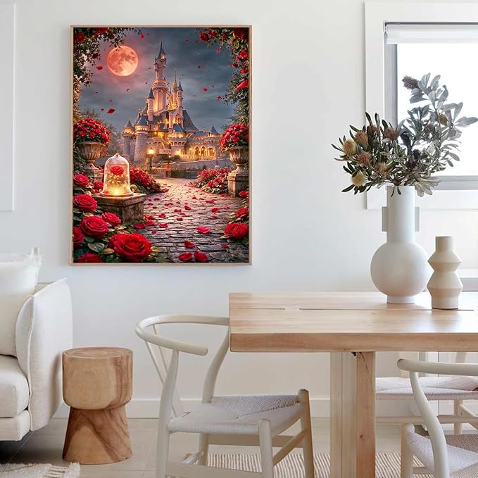 Castle Diamond Art Kits for Adults, Rose Diamond Painting Kits for Beginner | Moon Diamond Dots Full Drill Crafts for Gem Art Dot Art for Adults Home Wall Decor for Teens Boys Girls 5D DIY 12x16 inch