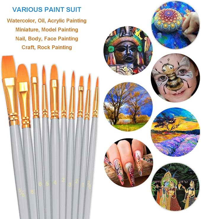 BOSOBO Paint Brushes Set, 20 Pcs Small Paint Brush Kit Round Flat Tip Nylon Hair, for Acrylic Painting, Watercolor, Oil Painting, Kids Face Nail Art Canvas Rock Craft, Art Supplies, Silver Gray