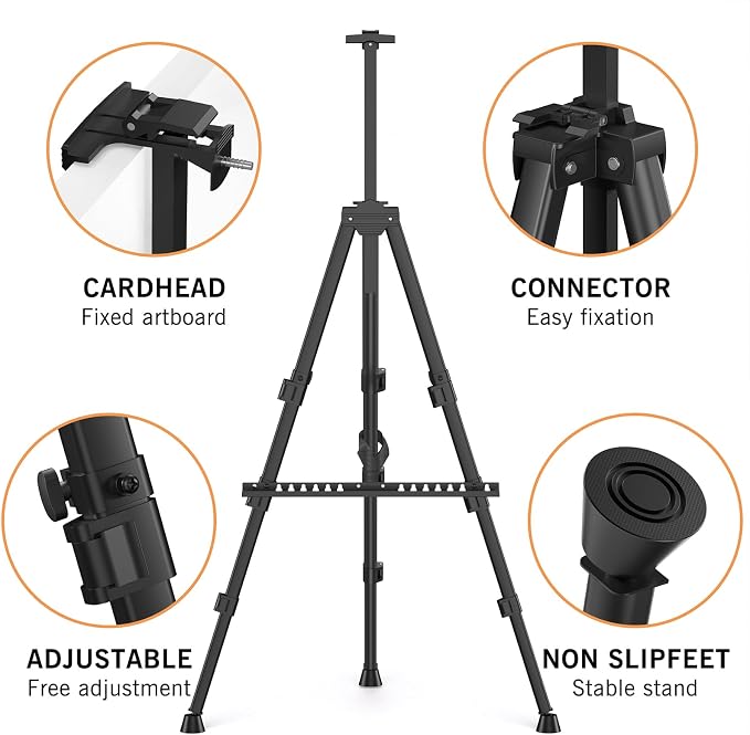 Art Painting Tripod Easel Stand - Portable Adjustable Display Artist Easel | Black Metal Stand with 1 Bag for Tabletop/Floor Painting, Height from 17 to 66 inches, Sturdy for Drawing, Displaying