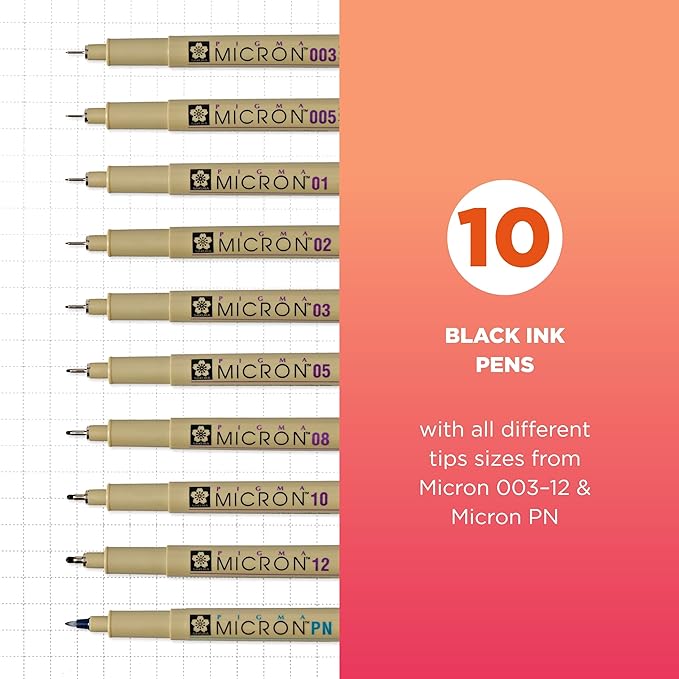 SAKURA Pigma Micron Black Ink Multi-tip Set, 10 Pack | Archival Black Ink Pens for Writing, Illustration & Journaling, Great for Artists, Crafters & DIY Gift Projects