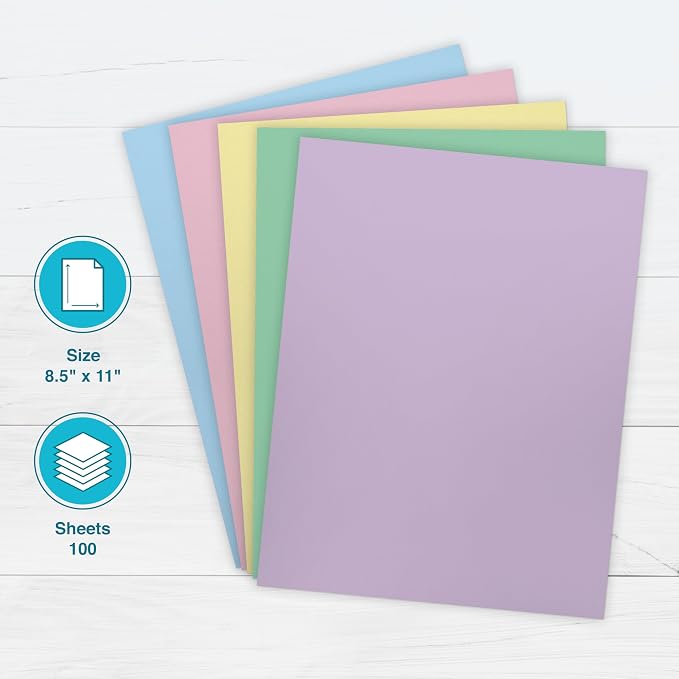 PrintWorks Pastel Paper 8.5" x 11" - 100 Sheets - 5 Assorted Pastel Colors - 30% Recycled Colored Paper - Ideal for School & Craft Projects - Made in the USA - SFI® Certified - 20 lb/75 gsm (00577)