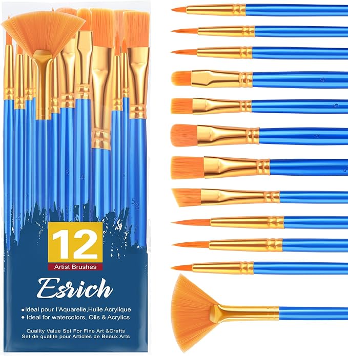 ESRICH Paint Brushes Set, 12pcs Paint Brush for Acrylic Painting | Artist Paintbrushes for Watercolor Oil Rock Face Painting, Paint Brush for Kids Adult Arts Painting Brush Kits.