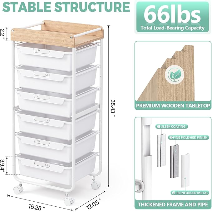 SYKIARIOL 6 Drawer Rolling Cart for Craft Storage,Utility Drawer Cart,White | Organizer with Handle and Wooden Top,Storage on wheels for Office,Classroom,Laundry,Garage,Snack,Art Supply