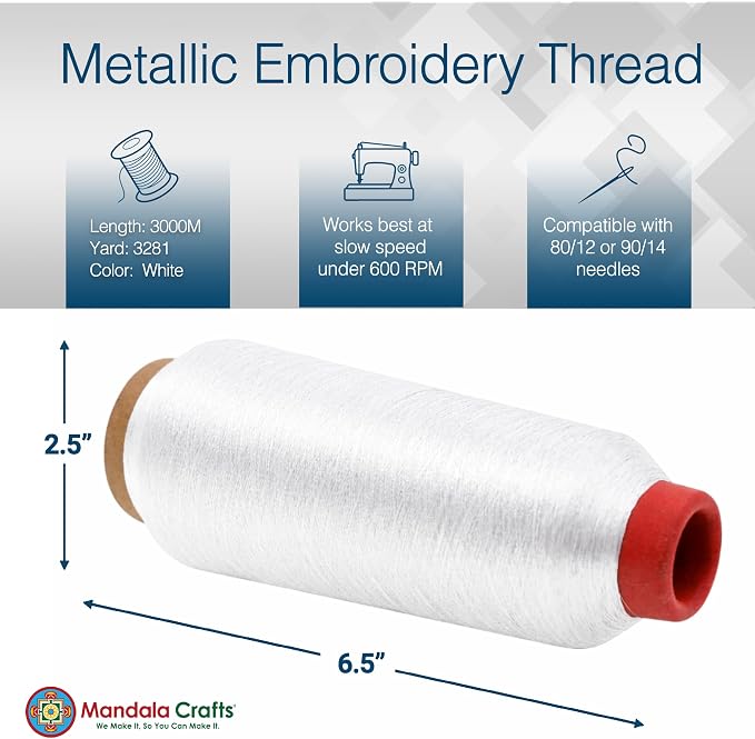 Mandala Crafts Metallic White Embroidery Floss for Sewing, 3281 Yard Spool