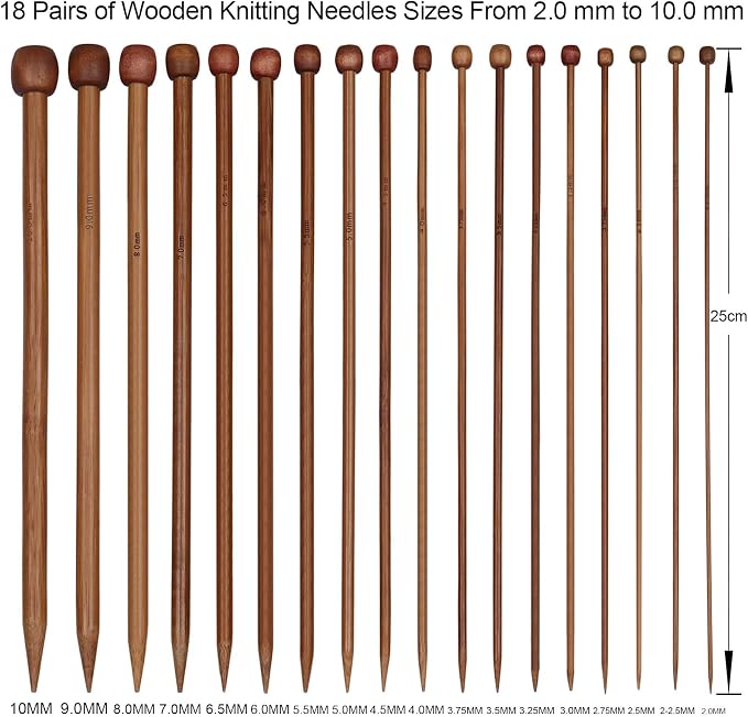 Aeelike 18 Pairs Bamboo Knitting Needles Set, 2mm-8mm Wood Needle, Type A