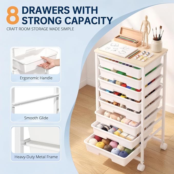 Delamu Rolling Storage Cart with 8 Drawers, Utility Craft Storage Cart | Storage Drawers Cart with Wooden Tabletop and Lockable Casters for Classroom Office Dorm Craft Art Supplie