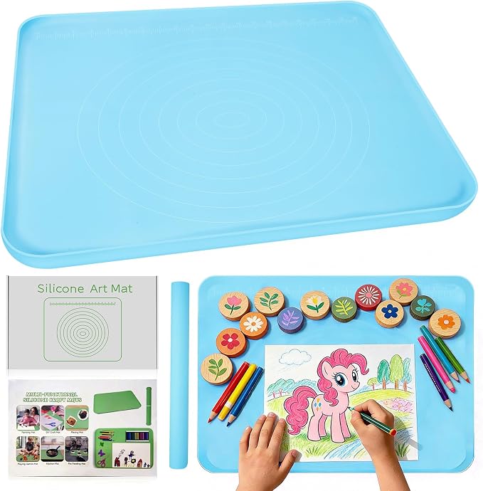 Large Silicone Mat for Crafts, 24"X19.7" Art Mat with Raised Edges for Clay, Resin, Slime, Jewelry-Making Table Protection Heat-Resistant Paint Mats, blue