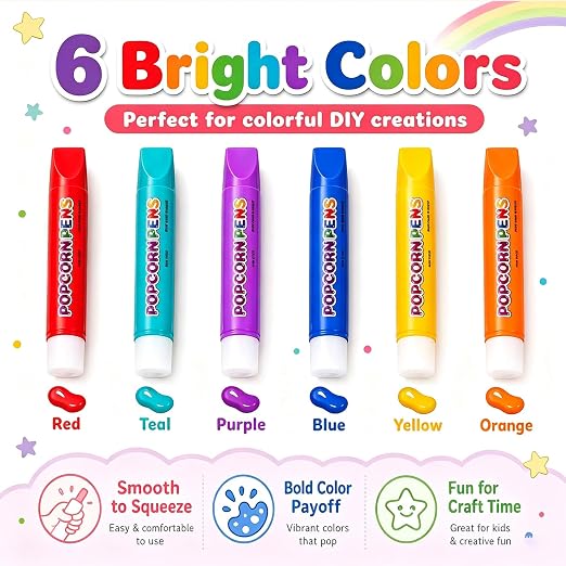 Popcorn Pens, 12PCS 3D Bubble Drawing Pen for DIY Artwork | Heat Activated Puff Paint, Raised Texture Craft Tool for Creative Painting, Coloring, Scrapbooking and Handmade Projects，6 Color