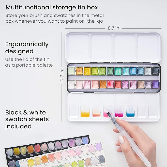 ARTEZA Metallic Watercolor Paint Set, 24 Shimmer Half Pans with Metal Tin | Water Brush Included, Visible on Light and Dark Paper, For Washes, Gradients, Dry Brush, Lettering, Cards and Art Journals