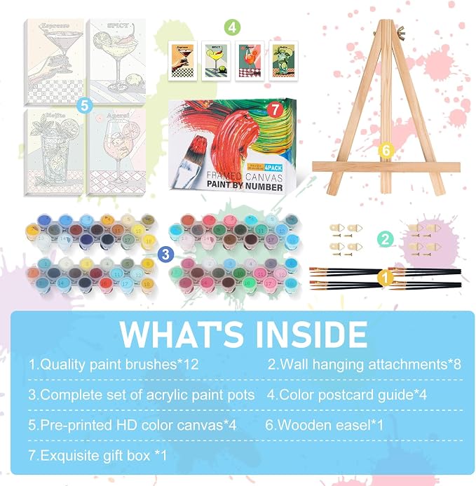 4 Pack Framed Paint by Numbers Kit for Adults with Wooden Easel, 8x12 Inch | Retro Cocktail, Easy DIY Acrylic Canvas Craft Kit with Frame for Beginners, Home Decor, Stress Relief Relaxing Hobby Gift