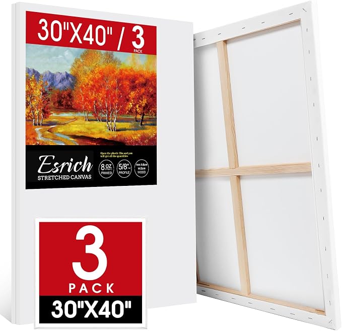ESRICH Stretched Canvas for Painting 30x40 Inch, 3Pack Large Canvas for Painting, Primed Acid-Free Cotton Blank Canvases, Art Paint Canvases for Oil Paint,Watercolor,Acrylic Paint,Gouache and Tempera.
