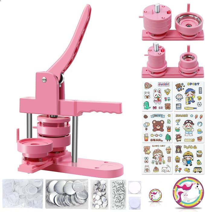 Happizza Button Maker Machine Multiple Sizes, Pin Maker Machine 1+2.25 inch, Badge Button Press Machine with Cute Stickers and 200 Sets Button Making Supplies&Circle Cutter for Girls Women(Pink)