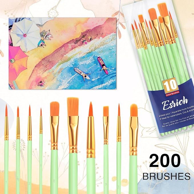 ESRICH 200PCS Paint Brushes, Paint Brush for Acrylic Painting | Artist Paintbrushes for Oil Watercolor, Body Face Rock Canvas, Small Paint Brushes for Kids, Green