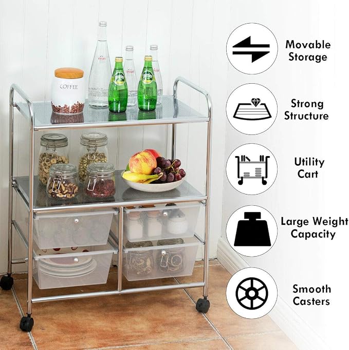 Giantex Rolling Storage Cart w/ 4 Drawers 2 Shelves Metal Rack Shelf Home Office School Beauty Salon Utility Organizer Cart with Wheels (White)