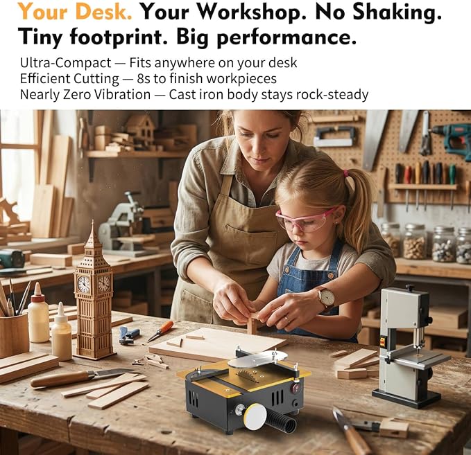 Super Mini Table Saw for Crafts & Hobbyists, [Dual Motor & Switches] 7 Speeds 200W Max, Multifunctional, 122+ Accessories, Cut/Engrave/Polish/Drill, Compact for Model Making, Gift for Creators