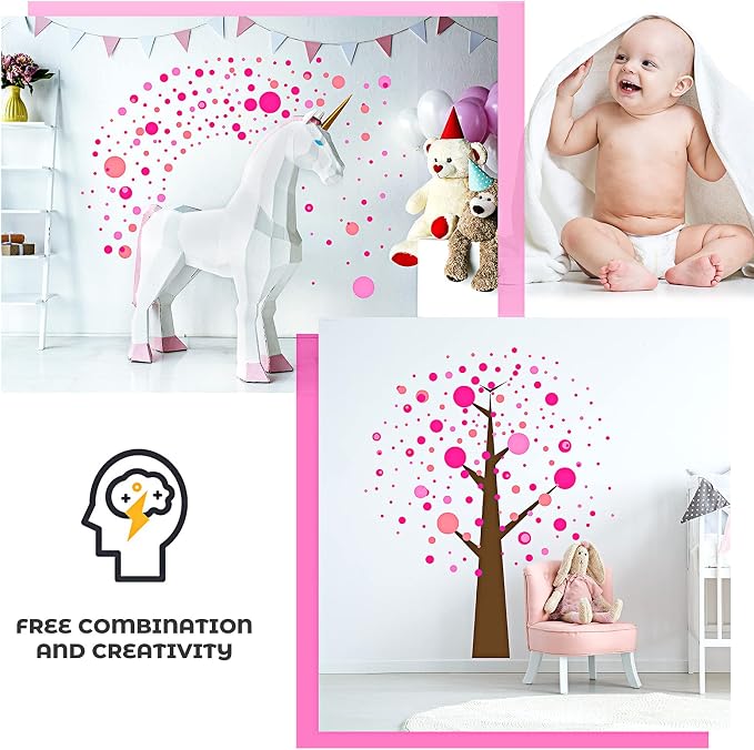 Zonon 264 Pcs Pink Polka Dot Wall Decals, Circle Vinyl Peel and Stick