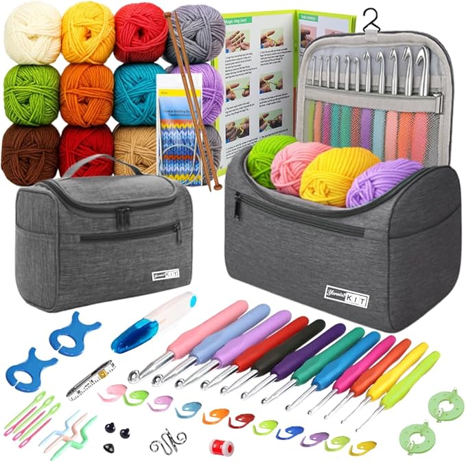 Yarniss Crochet Kit for Beginners,All Inclusive Crochet Set for Adults,Grey | 840 Yards Crochet Yarn and 12 Sizes (2.0-8.0mm) Ergonomic Hooks with Organizer Bag,Learn to Crochet with Step by Step Video T